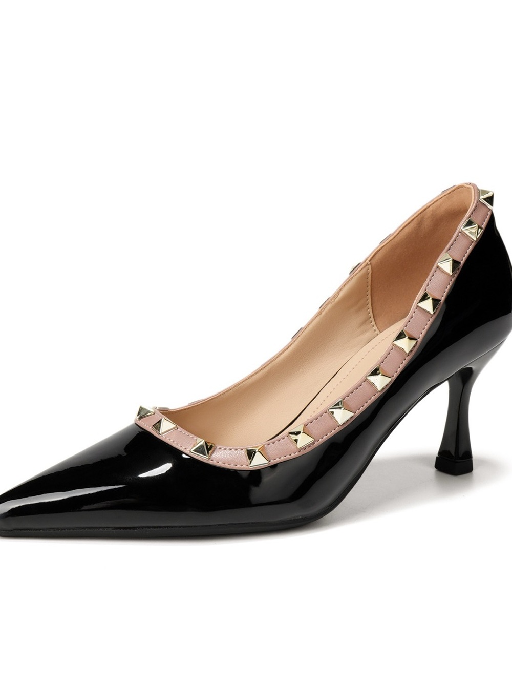 Black Patent Pointed Kitten Heel Pump with Pink Studded Trim